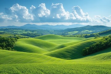 Fototapeta premium tranquil natural landscape with rolling green meadows under dramatic cloud formation stretching to distant mountain horizon