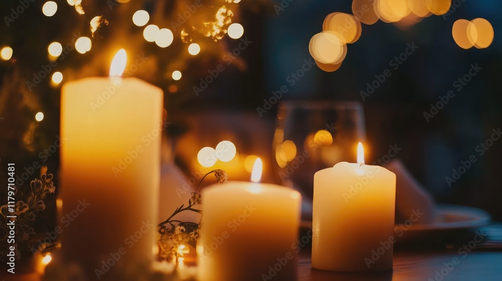 Poster enchanting candlelit table setting for a romantic reception with soft glowing lights and an inviting