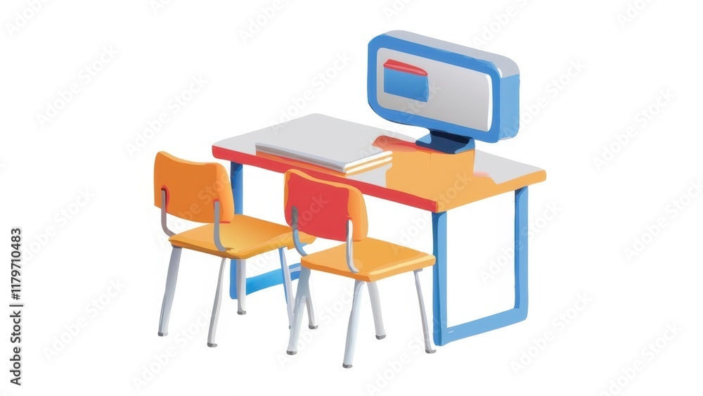 Poster a colorful classroom setup featuring a desk with a computer, books, and two chairs, emphasizing a mo