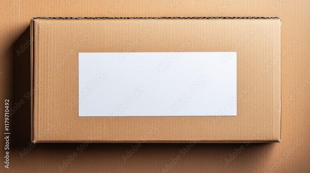 Poster plain cardboard box with a blank white label on a textured surface ideal for shipping and packaging 