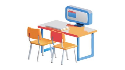 A colorful classroom setup featuring a desk with a computer, books, and two chairs, emphasizing a modern educational environment.