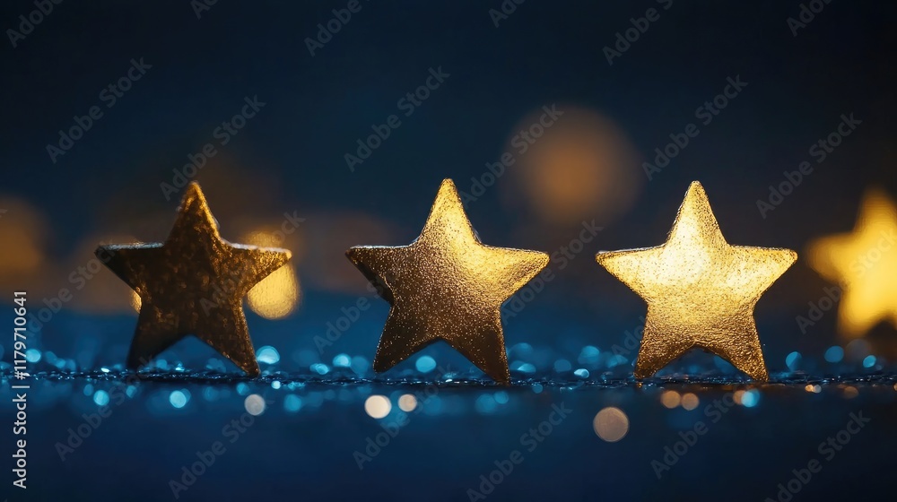 Poster golden star decorations with bokeh lights on a blurred background creating a festive and enchanting 