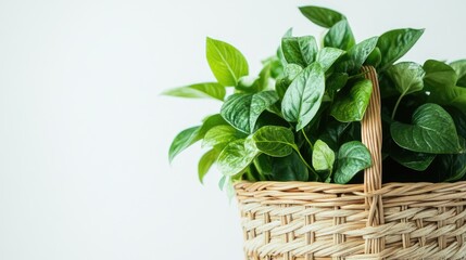 Close up of a wicker basket overflowing with vibrant green leaves against a minimalistic white background
