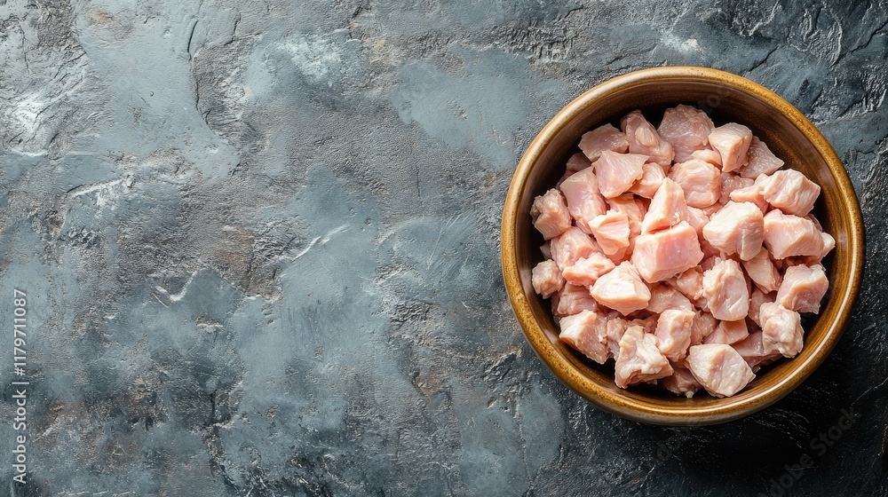 Poster Bowl of raw diced chicken ready for Moroccan curry preparation with textured background and empty space for text insert
