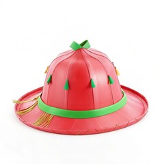A vibrant red hat with green accents, featuring decorative tassels, perfect for festive occasions or costume parties.