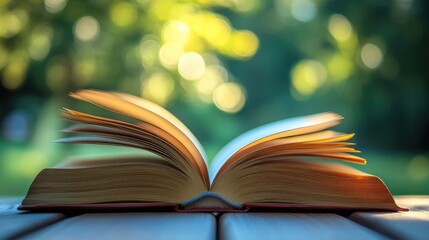 Open book on wooden table with blurred green background emphasizing education and knowledge concept in a serene outdoor setting.