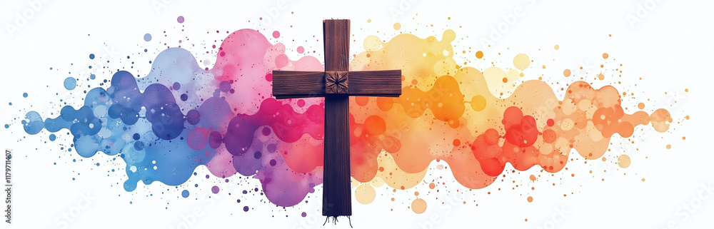 Poster a christian symbol featuring a dark cross against colorful watercolor splashes set against a white b