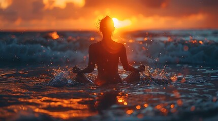 Woman Meditates in Ocean Sunset Glow