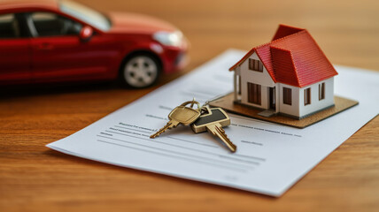 Car and house insurance concept, Financial concept with keys, car, and house on documents