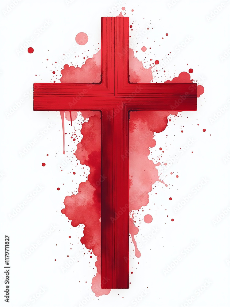Poster a christian cross isolated on a white background against red watercolor splashes, a powerful religio