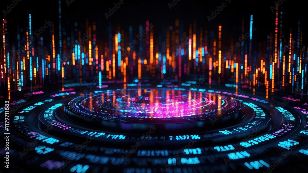 Poster a vibrant, abstract digital display featuring colorful light waves and data points, creating a dynam