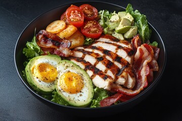 American cuisine Cobb salad featuring avocado bacon tomato grilled chicken and eggs on a dark grey backdrop Nutritious option Keto friendly