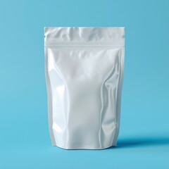 A sleek, white packaging pouch stands against a bright blue background, emphasizing its minimalist design and versatility for various products.