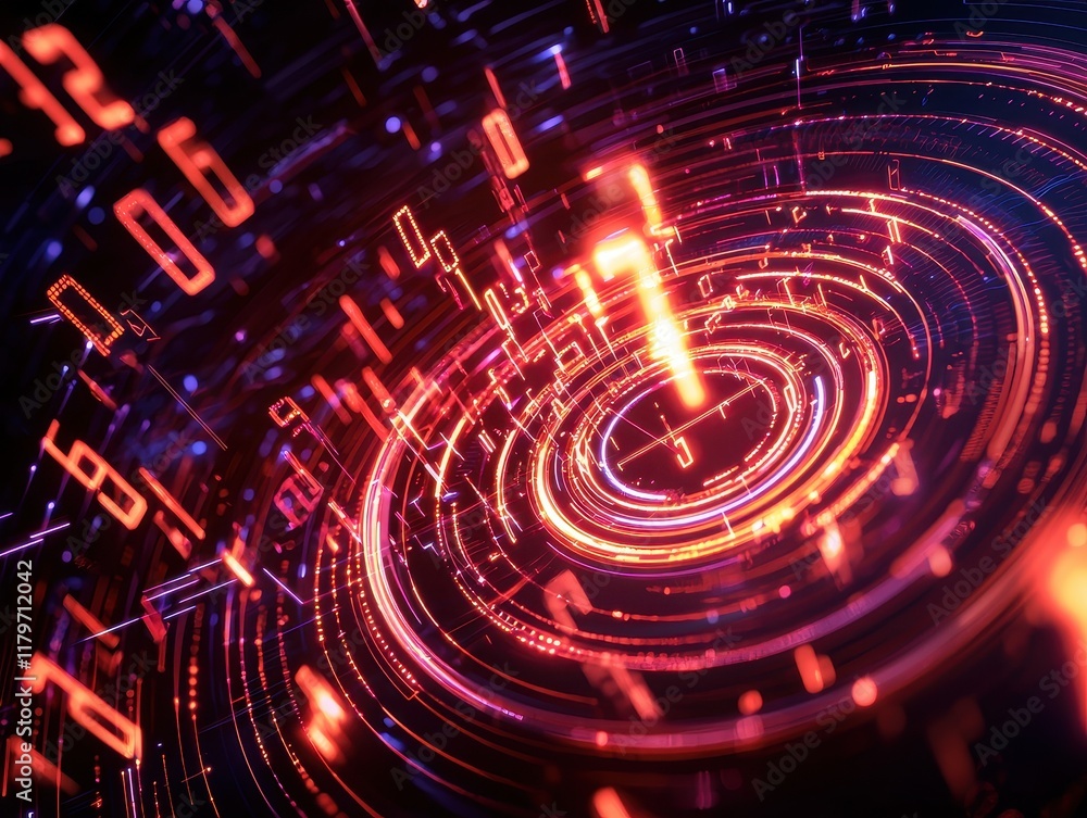 Poster a vibrant, abstract representation of digital data, featuring glowing numbers and concentric circles