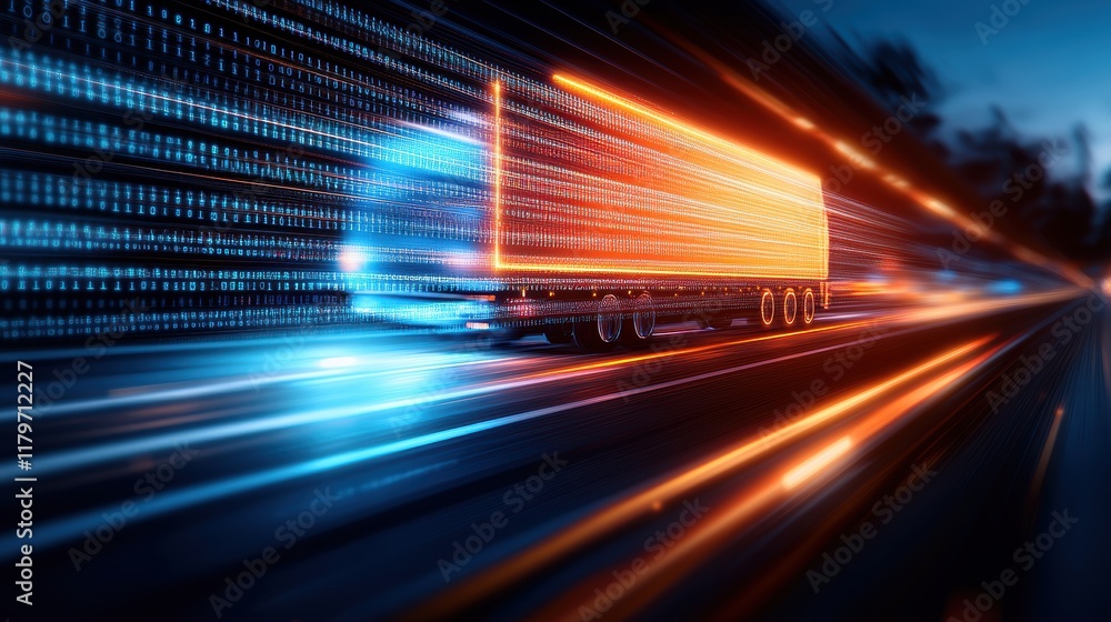 Poster truck traveling on open highway surrounded by flowing streams of binary code symbolizing digital tra
