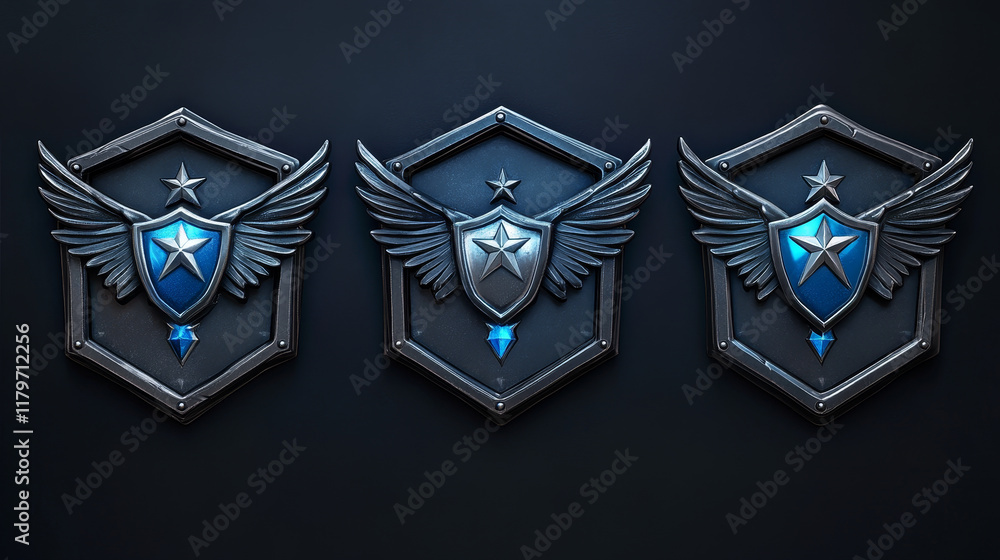 Poster military game rank buttons set isolated on background. vector realistic illustration of hexagonal bl