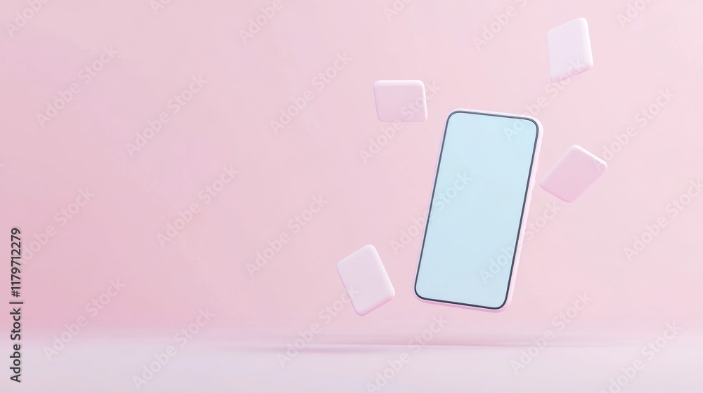 Poster a minimalist smartphone floats against a soft pink backdrop, accompanied by translucent shapes, crea