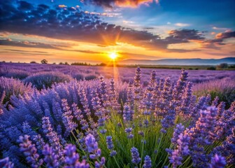 Fototapeta premium Lavender Field Bloom: Stunning Purple Flowers at Sunset, Rule of Thirds Composition