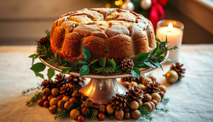 Decorative holiday cake surrounded by pinecones, dried fruits, and glowing candles, set on a rustic wooden table in a cozy and festive seasonal atmosphere.

