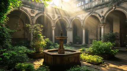 A peaceful stone cloister with arches and a fountain sunlight illuminating the garden and creating a meditative ambiance