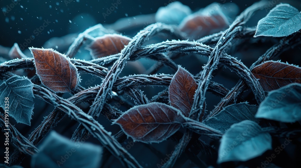 Poster a close-up view of intertwining vines and leaves, showcasing intricate textures and a cool color pal