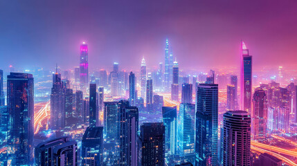 Fototapeta premium Future city, night town with skyscrapers with lights. Vector cartoon neon pink and purple illustration of cityscape with futuristic buildings. Cyberpunk urban landscape