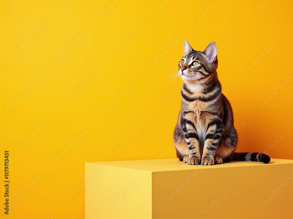 Poster a cat sits above a bright yellow and orange banner with copy space to fill in web design templates g