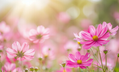 Fototapeta premium Beautiful spring summer bright natural background with colorful cosmos flowers close up.