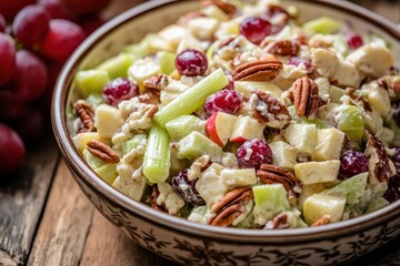 Autumn salad featuring fresh apples cranberries grapes celery pecans and mixed greens on a wooden surface