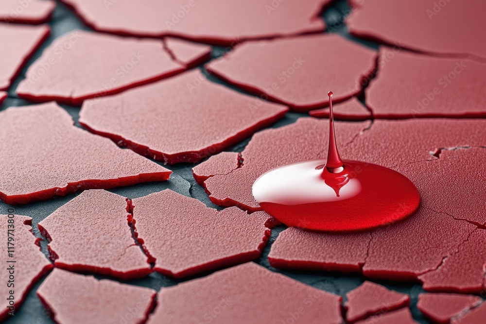 Aufkleber dissociation concept. a close-up of cracked red surface with a glossy red droplet, creating a striki