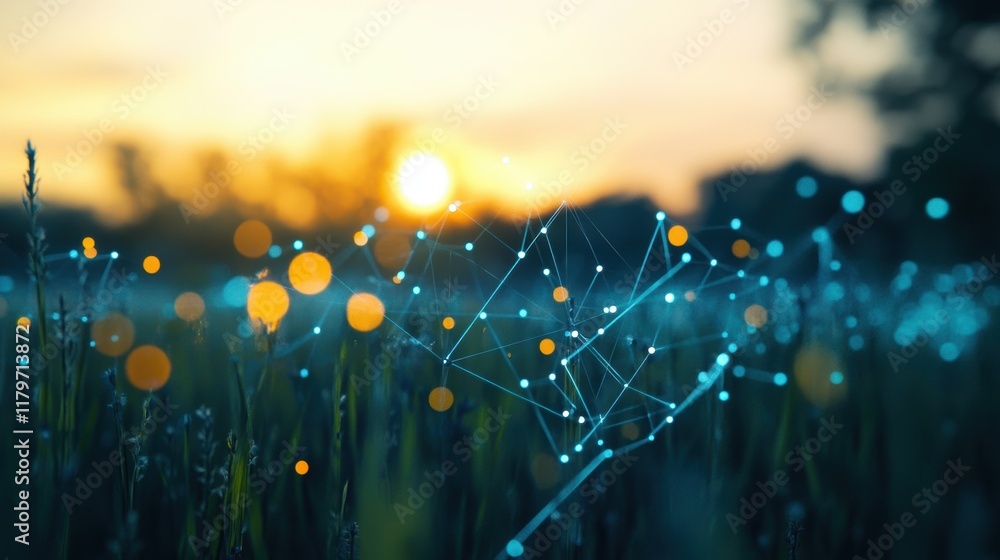 Poster glowing network of interconnected data points hovering over a grassy field during a vibrant sunset, 