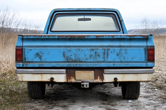 Back of a weathered blue eighties pickup truck