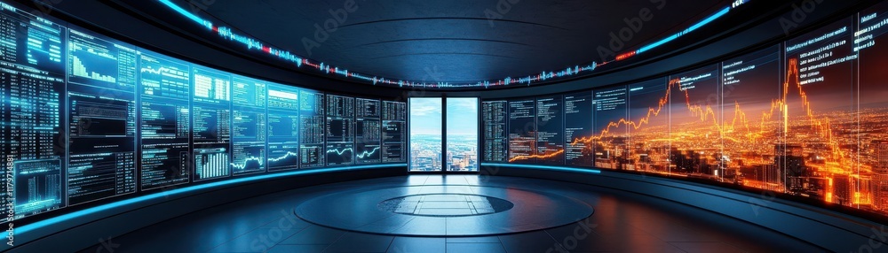Poster a futuristic control room with large screens displaying data and cityscapes, illuminated by blue and