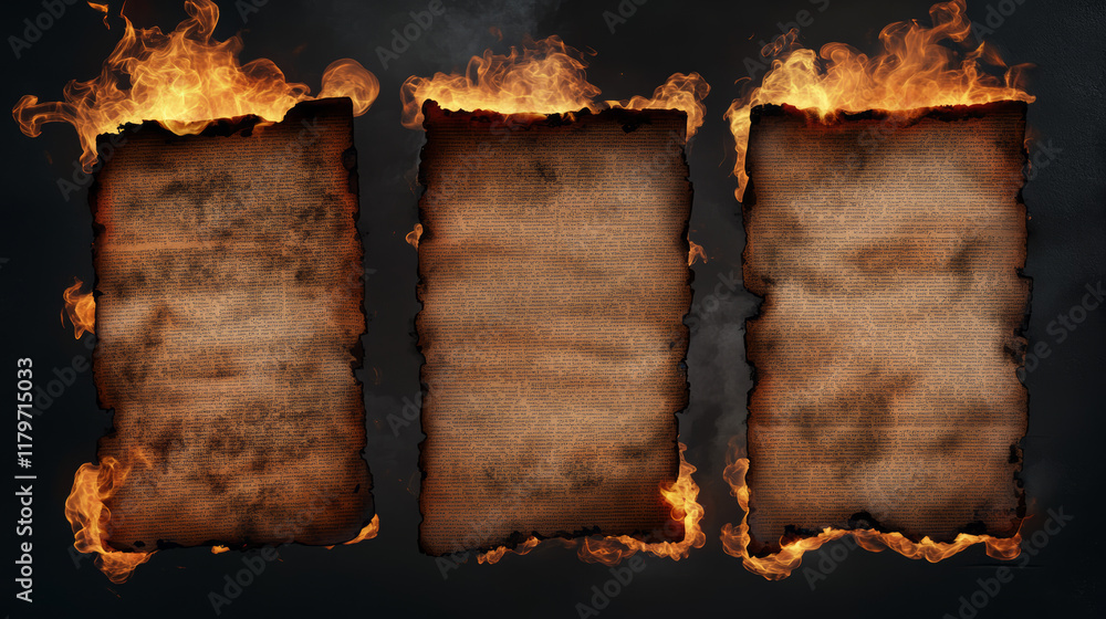 Aufkleber burn holes on paper sheets, round borders with charred uneven edges, burnt pages with smoldering fir