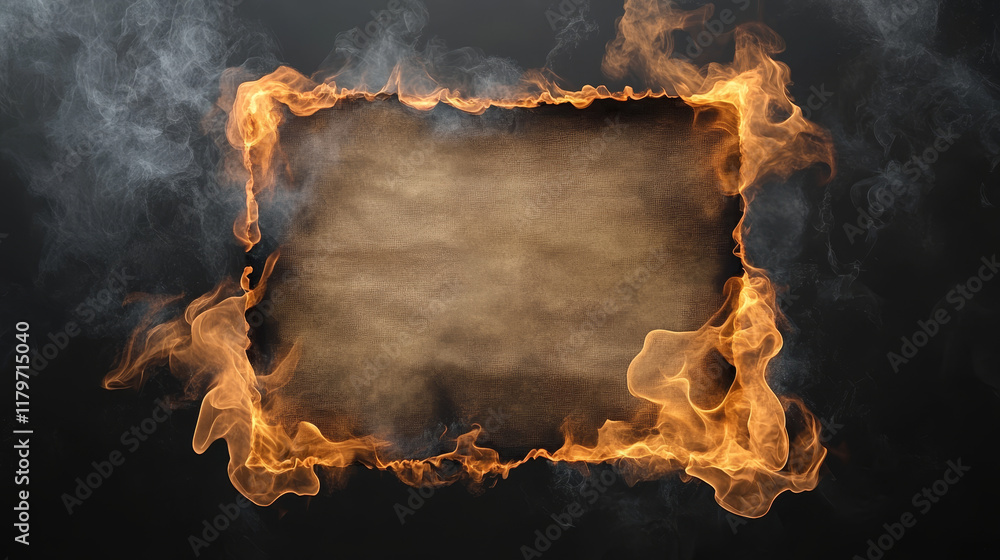 Aufkleber burn holes on paper sheets, round borders with charred uneven edges, burnt pages with smoldering fir