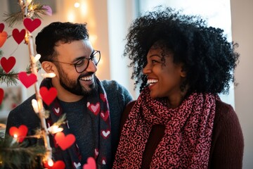 Smiling interracial couple enjoying valentine’s celebration with heart decorations