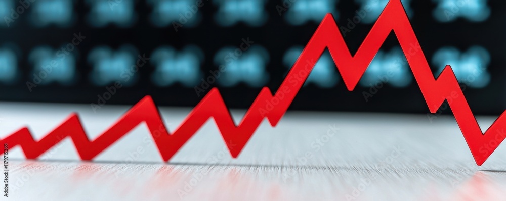 Poster a sharp red zigzag line on a surface, symbolizing fluctuating data or market trends against a dark b