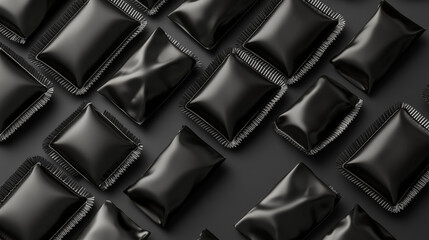 Fototapeta premium Blank black wrappers of candies and chocolates, 3d plastic packs. Vector realistic mockup of sweets wraps, empty template of packages for bonbon, snacks and hard sugar candies