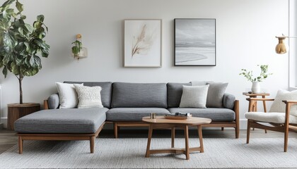 Modern Sectional Sofa Living Room Interior Design Gray Couch Wooden Furniture