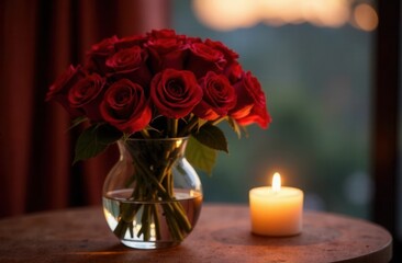 Fototapeta premium A vase of vibrant red roses sits on a table by lit candles