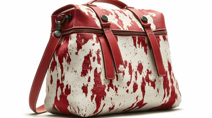 Red and white patterned leather satchel bag on white background, studio shot, fashion accessory.