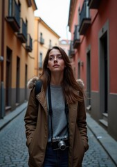 Obraz premium Woman exploring a colorful street with a camera in a vibrant urban setting