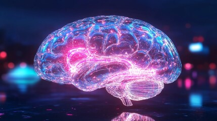 Glowing 3D Render of a Human Brain; Vividly Illuminated Neural Pathways. AI Generated