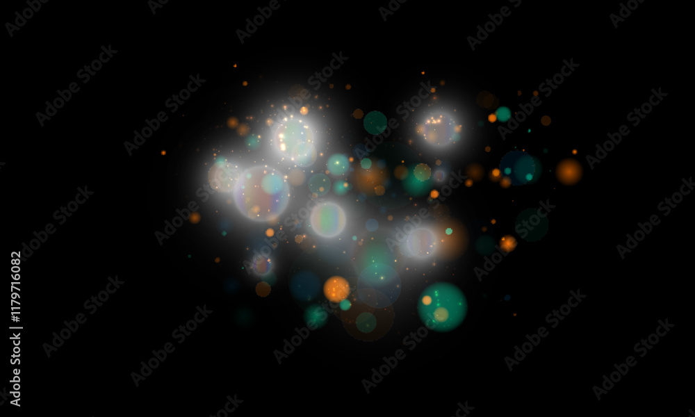 Poster Magical bright colorful cloud of sparkling bokeh glare. Small, bright particles of bokeh sparkles and fine bright dust. Christmas colorful glow effect on dark background PNG.