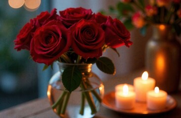 passionate red roses arranged beautifully in a vase, indoor setting at dusk, soft candlelight creating warmth around the vase, gentle blurred background