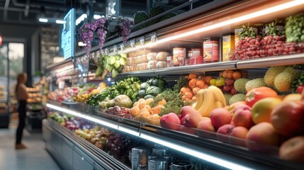 Fototapeta premium Vibrant Display of Fresh Fruits and Vegetables in a Grocery Store Creating a Colorful and Inviting Shopping Experience
