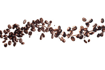 Flying Coffee Beans Horizontal Composition: Coffee beans floating through the air, arranged in a dynamic horizontal composition. Transparent background.