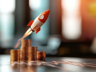 A rocket launching from a stack of coins symbolizes investment growth, innovation, and financial success in a dynamic business environment.