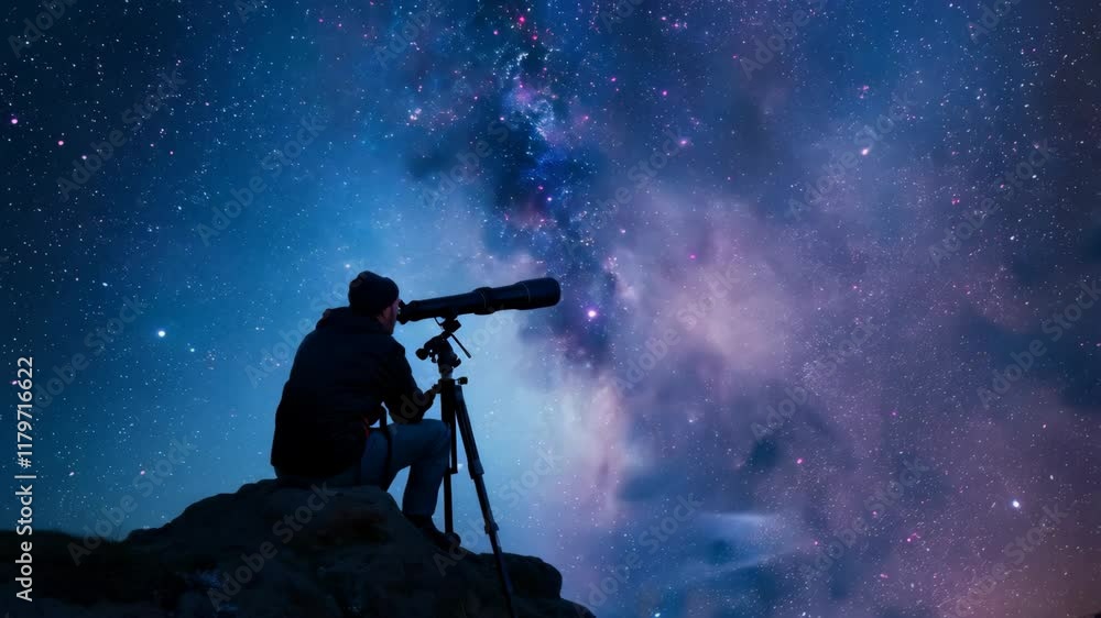 Wall mural silhouette of astronomer with telescope over star sky background with copy space