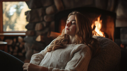 Obraz premium Portrait of serene young woman in cozy knitted sweater relaxing by stone fireplace in mountain cabin. Beautiful blonde with closed eyes enjoying peaceful moment in rustic interior with woodpile